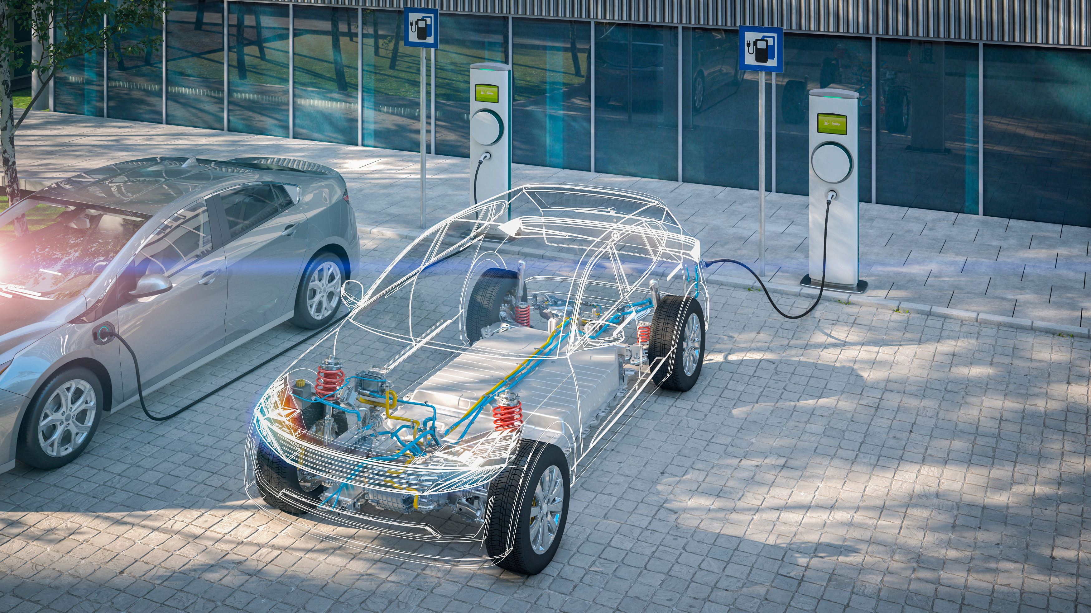 generic electric car with battery visible x-ray charging at public charger in city parking lot with lens flare 3d render