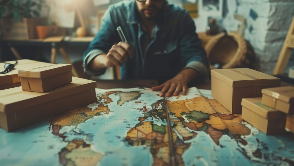 Man looking at global map with shipping boxes on a desk